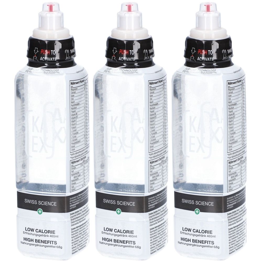 Trois bouteilles avec bouchon blanc et embout rouge. Inscription: Swiss Science, Low Calorie, High Benefits.