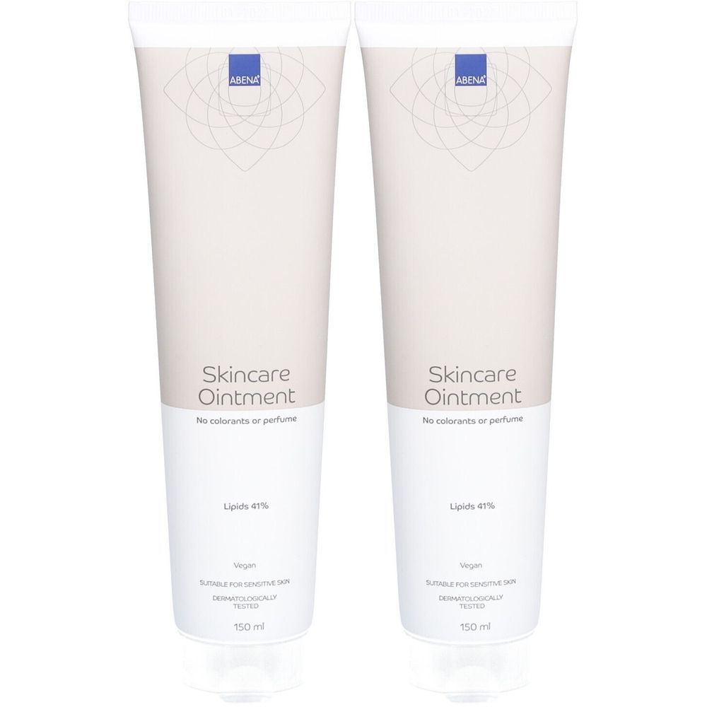 Zwei Tuben Hautpflegesalbe. Aufschrift: Skincare Ointment, Lipide 41%, vegan, für empfindliche Haut, dermatologisch getestet, 150 ml.