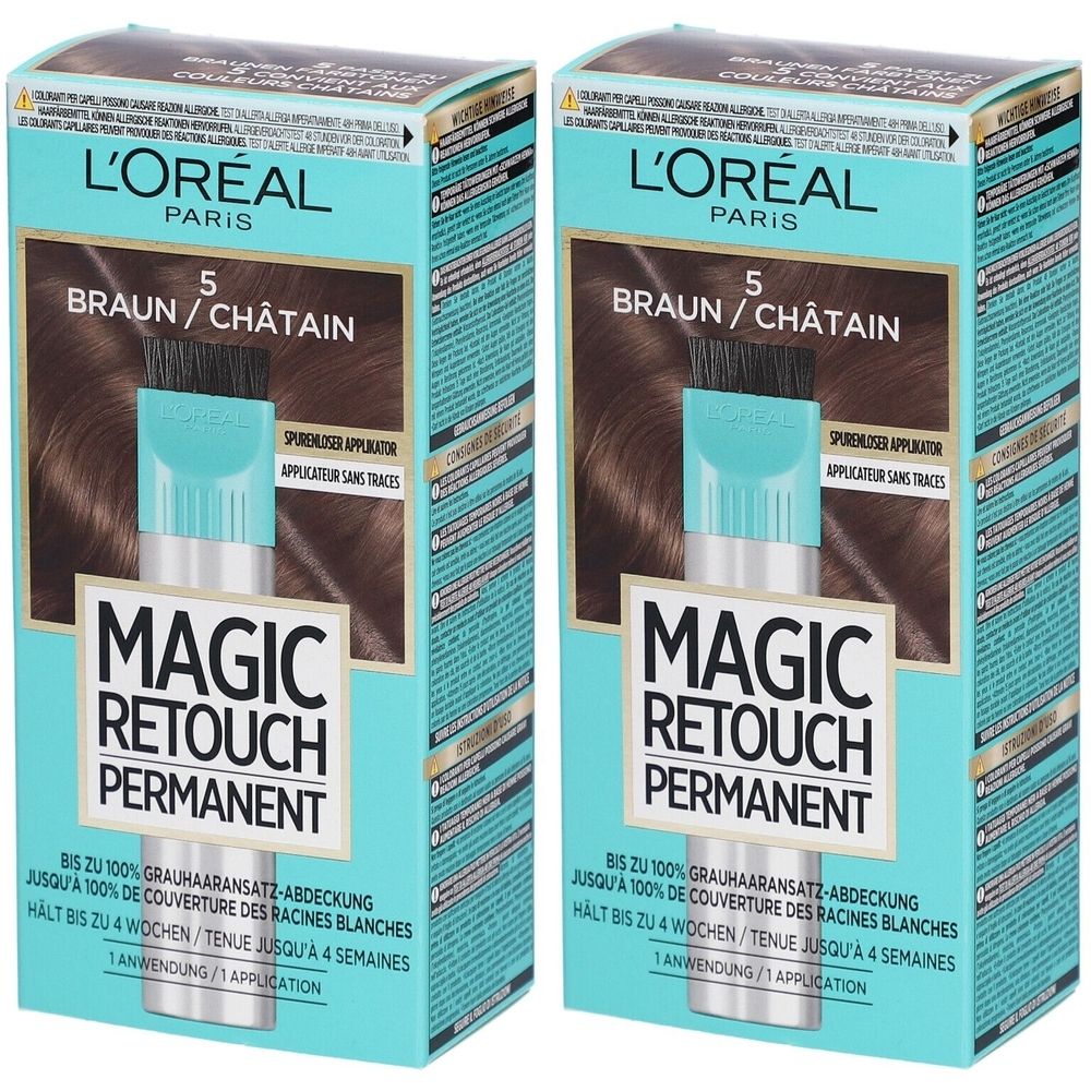 Zwei Schachteln L'Oréal Paris Magic Retouch Permanent 5 Braun. Auf jeder Schachtel ist ein Applikator abgebildet. Text: Bis zu 100% Grauhaarabdeckung.