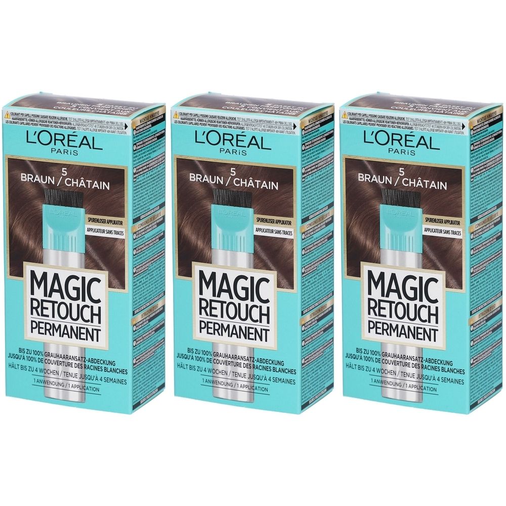 Drei Schachteln L'Oréal Paris Magic Retouch Permanent 5 Braun. Auf jeder Schachtel steht der Produktname und die Farbe.