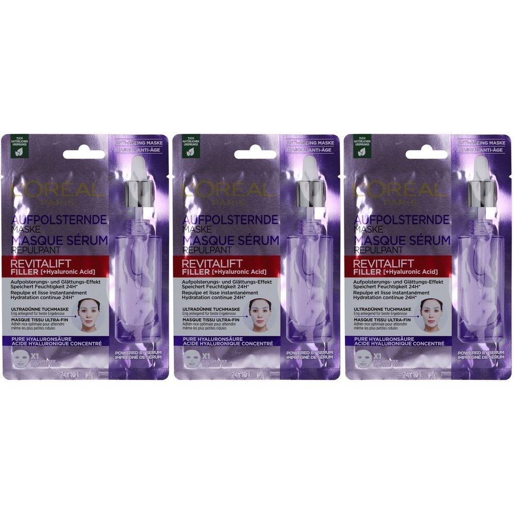 Drei Packungen L'Oréal Revitalift Filler Maske. Lila Verpackung mit Produktabbildung und Schriftzug. Enthält Serum und Maske.