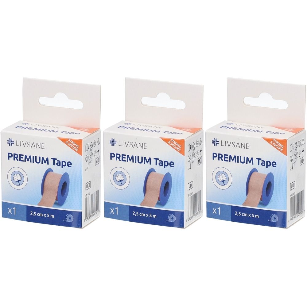 Drei Packungen LIVSANE Premium Tape. Jede Packung enthält eine Rolle Klebeband, 2,5 cm x 5 m. Aufdruck: Premium Tape, x1.