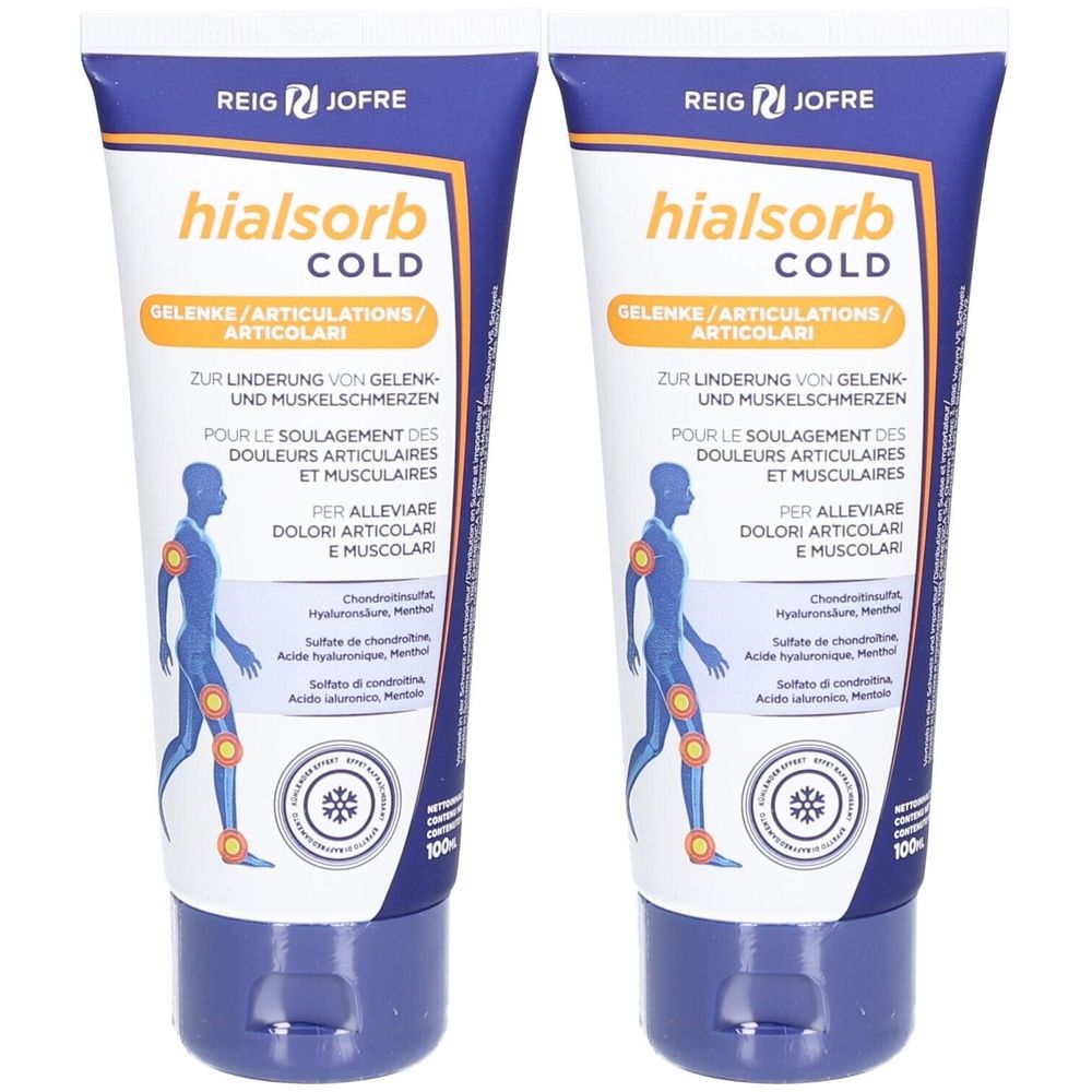 Zwei Tuben Hialsorb Cold. Blaue und weiße Verpackung mit Produktnamen, Text und Illustration eines menschlichen Körpers.
