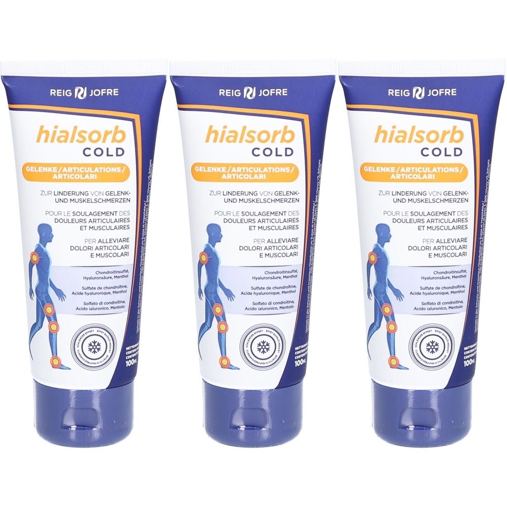 Drei Tuben Hialsorb Cold. Blaue und weiße Verpackung mit Produktnamen und Illustration eines menschlichen Körpers.