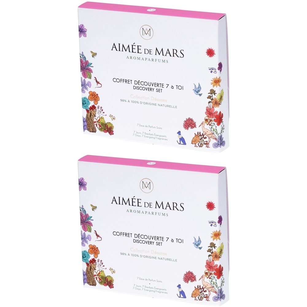 Deux boîtes blanches à couvercle rose. Inscription : Aimée de Mars, Coffret Découverte 7 & 101, Discovery Set. Motifs floraux.