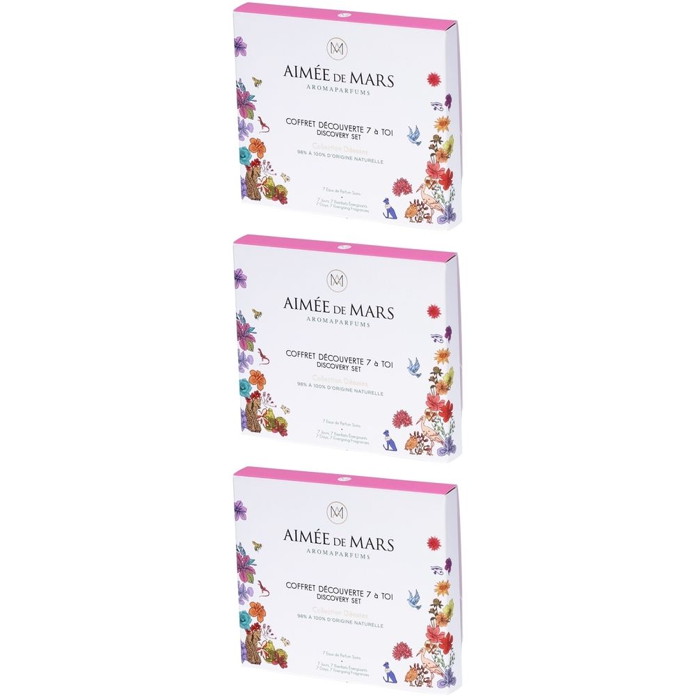 Trois boîtes blanches avec couvercles roses. Chaque boîte porte "Aimée de Mars" et "Coffret Découverte 7 x 10". Motifs floraux.