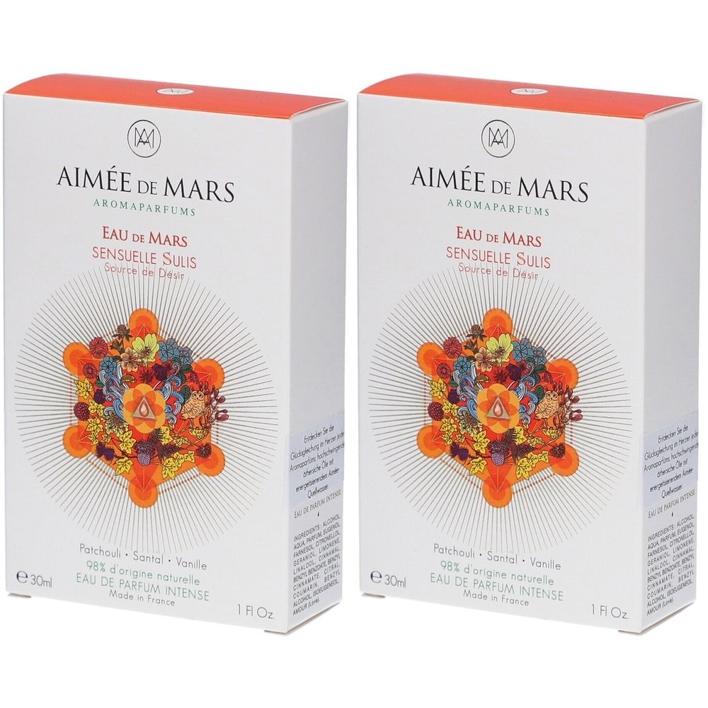 Deux boîtes blanches. Texte: Aimée de Mars, Eau de Mars Sensuelle Sulis. Design floral coloré. 1 fl oz.
