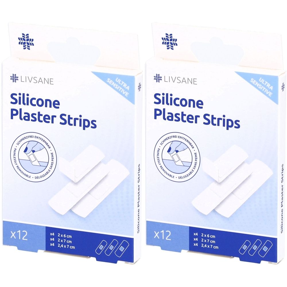 Zwei Packungen LIVSANE Silikonpflaster. Aufschrift: Ultra Sensitive. Jede Packung enthält 12 Pflaster in drei Größen. Weiße Pflasterstreifen.