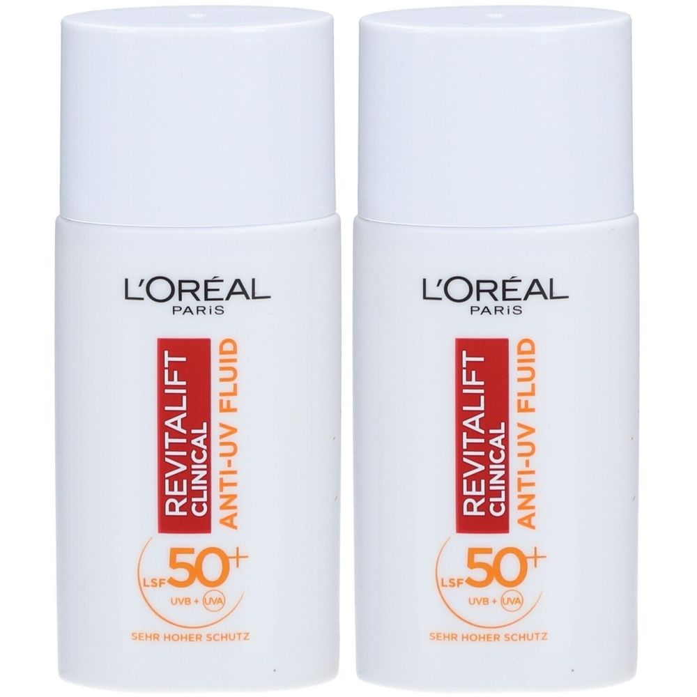 Zwei weiße Flaschen mit L'Oréal-Etikett. Aufschrift: Revitalift Clinical Anti-UV Fluid, LSF 50+. Sehr hoher Schutz.