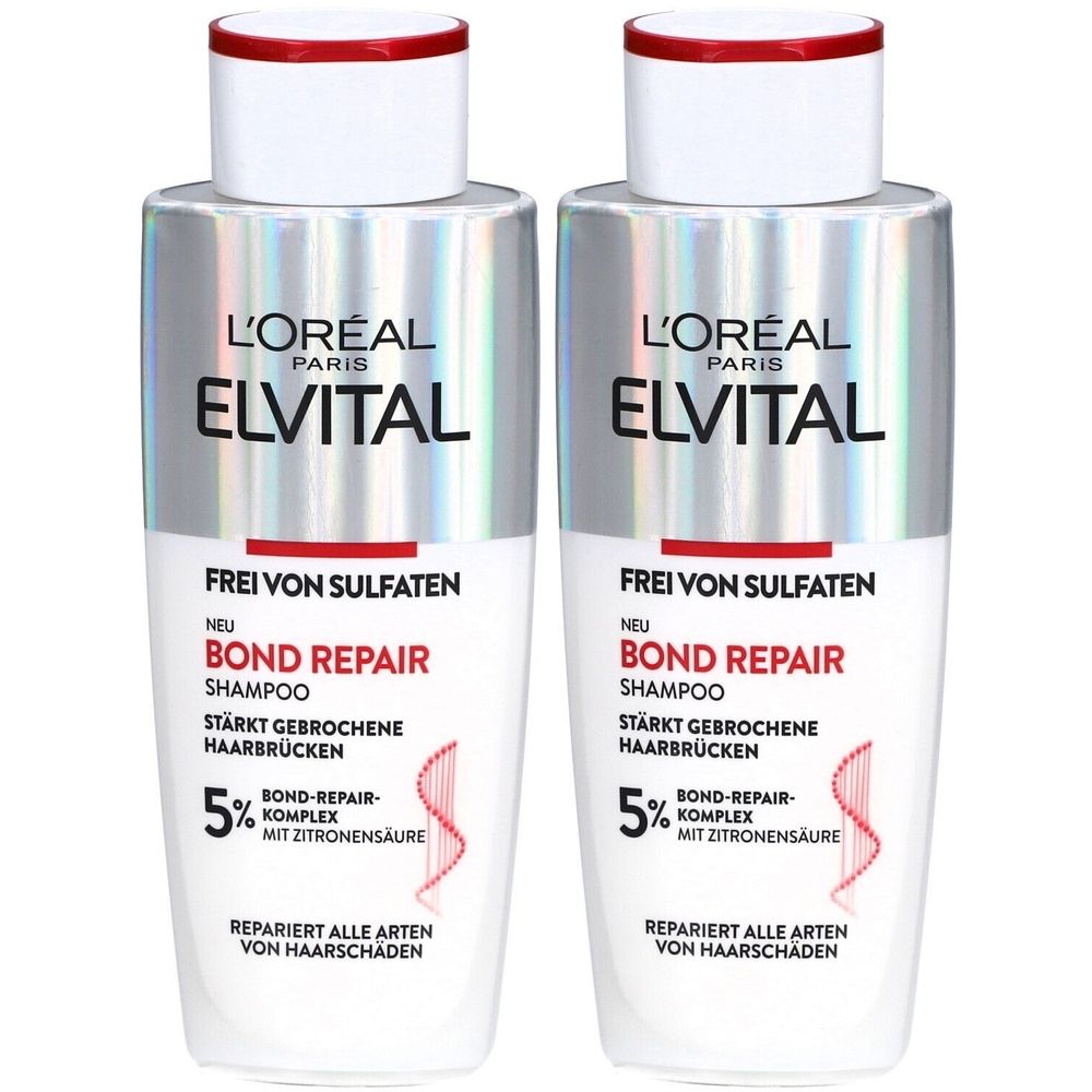 Deux flacons de shampooing. Inscription : L'Oréal Paris Elvital Bond Repair. Sans sulfates. Répare les ponts capillaires. Avec acide citrique. Répare les cheveux abîmés.