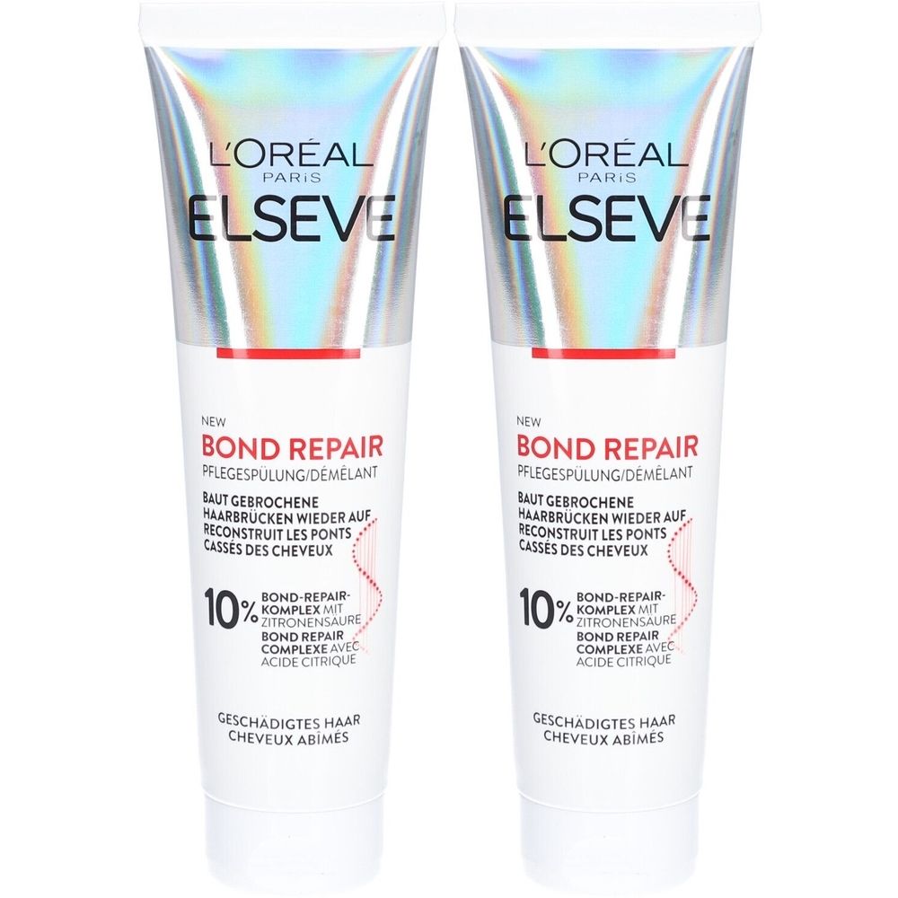 Deux tubes de L'Oréal Paris Elseve Bond Repair Conditioner. Blanc, avec texte argenté et accents rouges. Texte en allemand et français.
