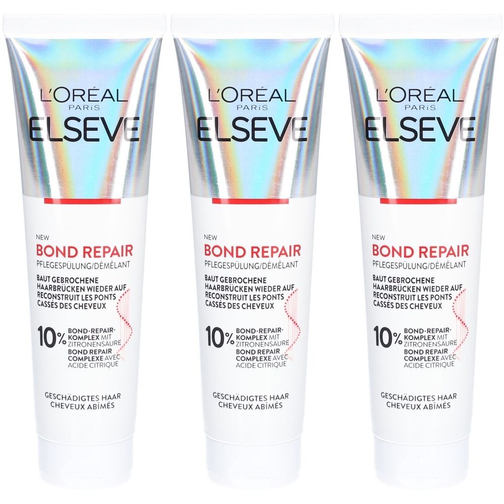 Trois tubes de L'Oréal Paris Elseve Bond Repair Conditioner. Tubes blancs avec bouchon argenté et texte. Texte: Bond Repair.