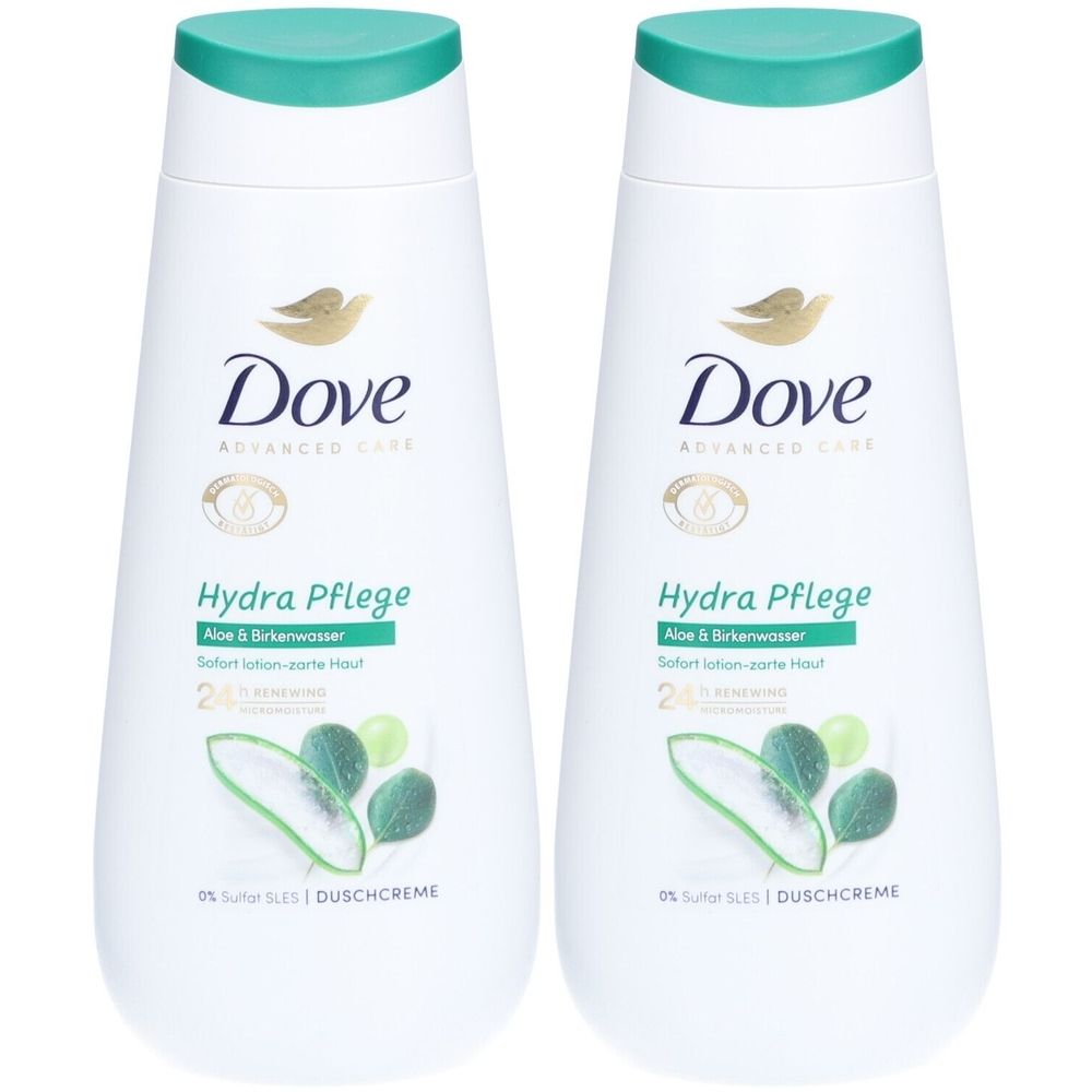 Deux flacons blancs de Dove Advanced Care Hydra Pflege Duschcreme. Bouchons verts, logo et nom du produit. Aloe & Birkenwasser.