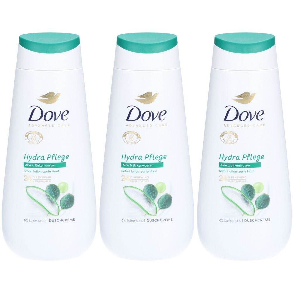 Trois flacons blancs de crème de douche Dove Hydra Pflege. Bouchon turquoise, logo et texte. Illustration aloe et eau de bouleau.