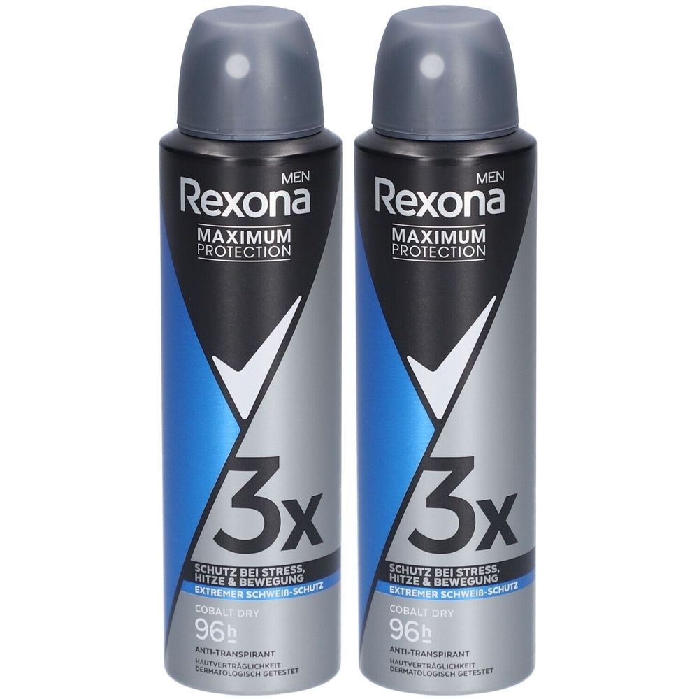 Zwei Deosprays. Schwarze Dose mit blauem und silbernem Design. Aufschrift: Rexona Men, Maximum Protection, 3x Schutz, Cobalt Dry.