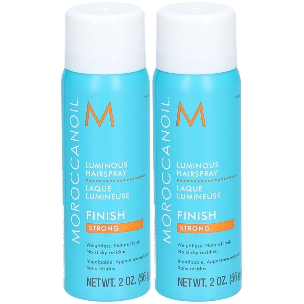 Deux flacons de spray bleus avec bouchons blancs. Inscription: Moroccanoil Luminous Hairspray Finish Strong. Poids net: 2 oz.