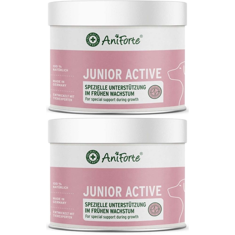 Deux boîtes AniForte Junior Active. Couvercles blancs, étiquette rose avec texte et logo. Inscription : Soutien spécial pendant la croissance.