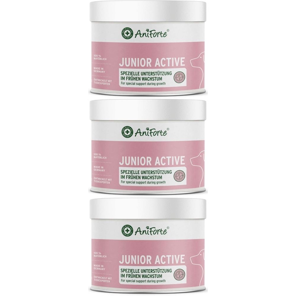 Trois boîtes avec couvercles blancs et étiquettes roses. Inscription : AniForte Junior Active. Soutien spécial pour la croissance précoce.
