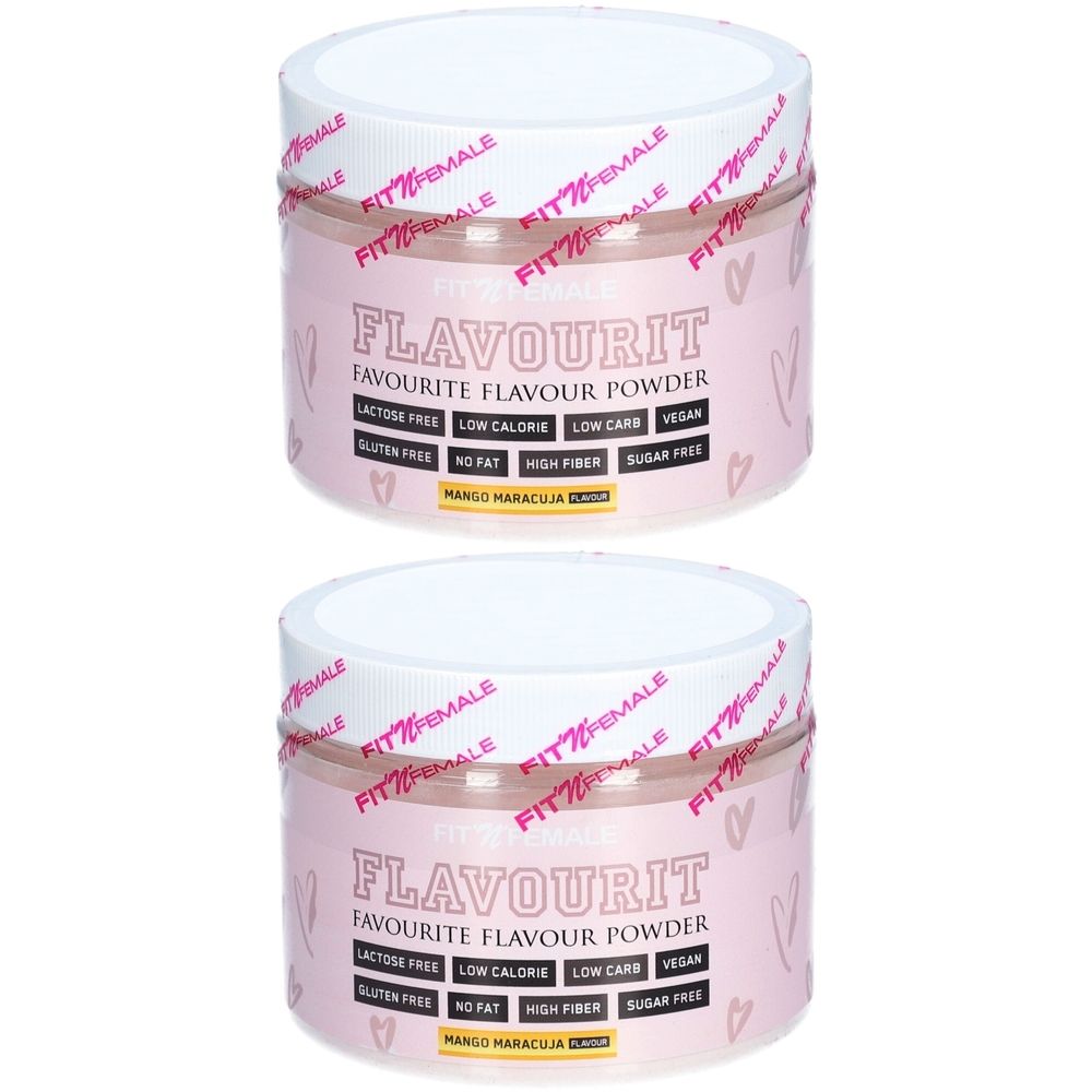 Zwei Dosen Flavourit-Pulver. Rosa Etikett mit weißem Deckel. Aufschrift: Lactosefrei, Low Calorie, Low Carb, Vegan, Glutenfrei, No Fat, High Fiber, Sugar Free.