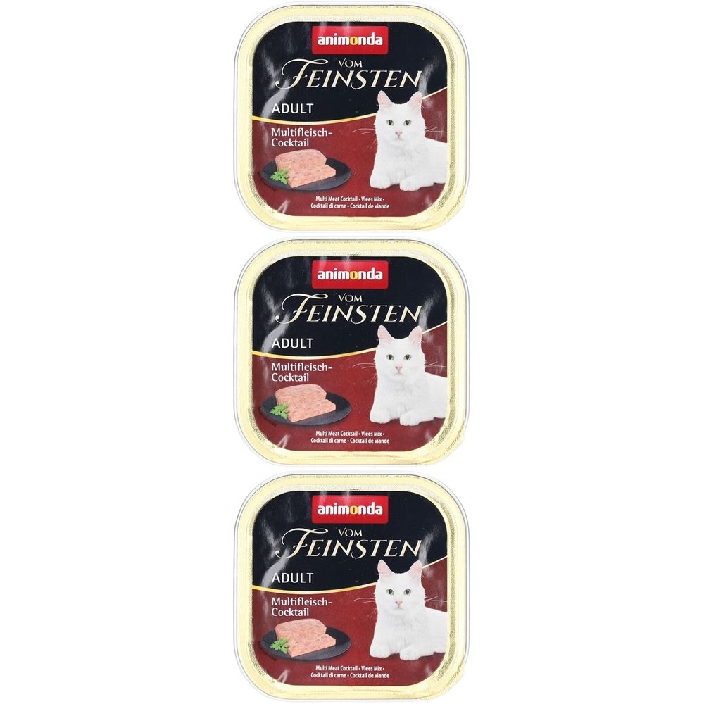Trois barquettes carrées de nourriture pour chats. Le logo animonda et l'inscription "Vom Feinsten" sont visibles sur chaque barquette.