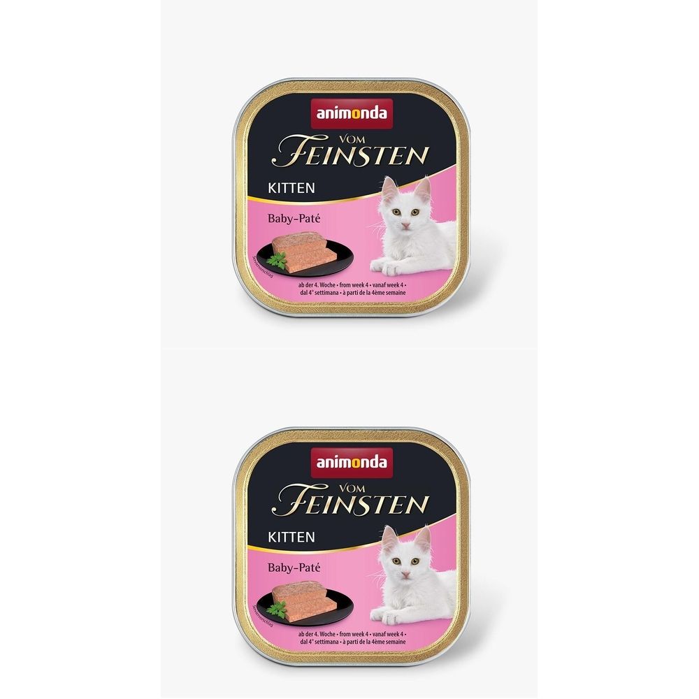 Zwei Dosen animonda Vom Feinsten Kitten Baby-Paté. Aufschrift: Feinsten, Kitten, Baby-Paté. Abbildung einer Katze und Futter.