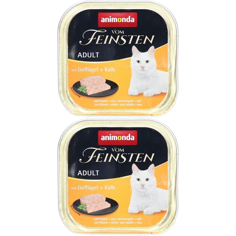 Deux barquettes carrées de nourriture pour chats. Inscription : animonda Vom Feinsten Adult avec volaille + veau. Image d'un chat blanc.