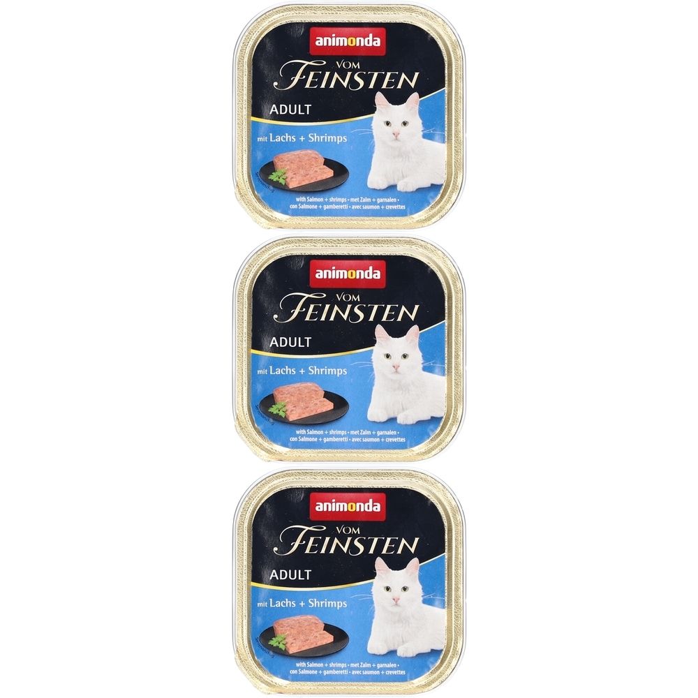 Drei Dosen animonda Vom Feinsten Adult mit Lachs + Shrimps. Jede Dose zeigt ein Bild einer Katze und des Produkts.
