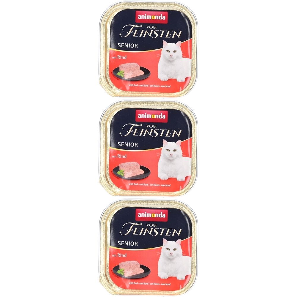 Drei Dosen Katzenfutter. Auf jeder Dose: animonda Vom Feinsten Senior mit Rind. Abbildung einer Katze und Fleischstück.