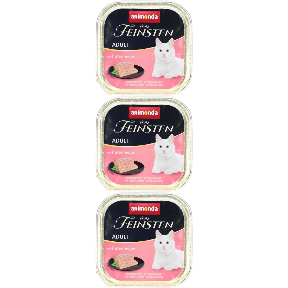 Trois boîtes de animonda Vom Feinsten Adult avec cœurs de dinde. Chaque boîte affiche une image de chat blanc et des informations.