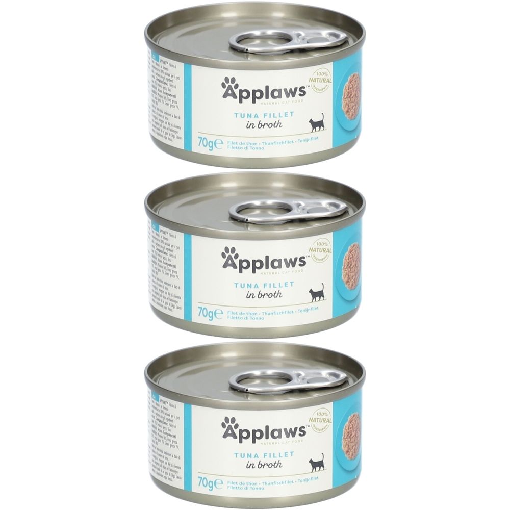 Drei Dosen Applaws™ Thunfischfilet in Brühe. Metallbehälter mit Aufreißlasche. Etikett mit Produktname, Logo und Katze.