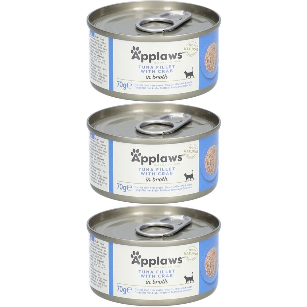 Trois boîtes de Applaws™ Filet de thon et crabe en bouillon. Boîtes métalliques avec languette. Étiquette avec nom du produit, symbole chat et 70g.