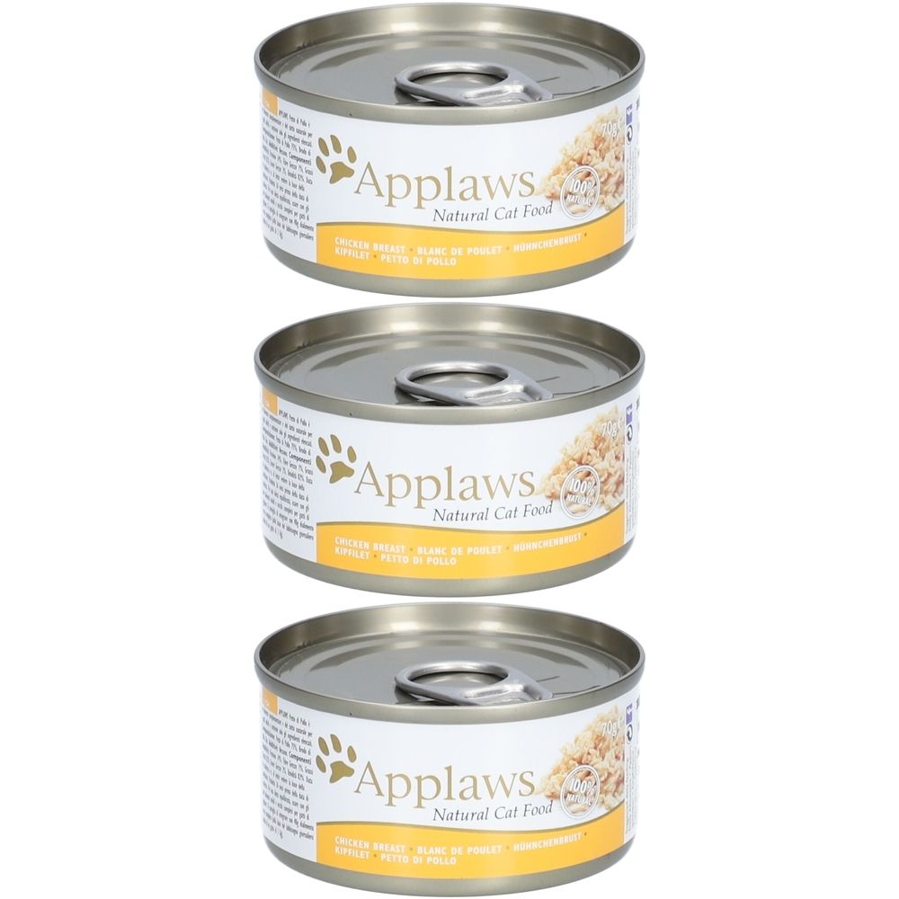 Drei Dosen Applaws™ Hühnerbrust in Brühe. Runde Dosen mit silbernen Deckeln und Etiketten. Text: Applaws, Natural Cat Food.