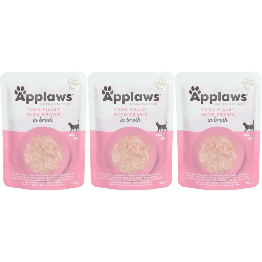 Trois sachets de nourriture humide Applaws pour chats. Chaque sachet contient du thon et des crevettes en bouillon. Emballage rose et blanc avec logo et texte.