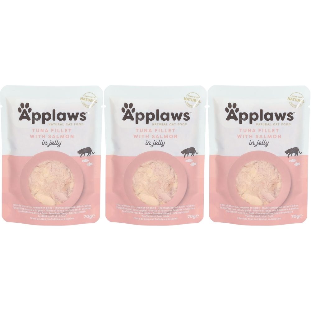 Drei Applaws™ Beutel mit Thunfisch und Lachs in Gelee. Weiße Verpackung mit rosa Akzenten. Sichtbar: Produktname, Logo, und Katzen-Silhouette.