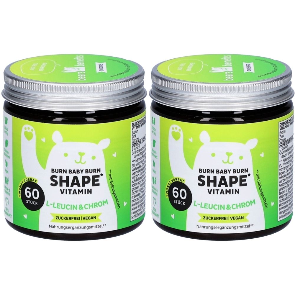 Zwei Dosen mit grünem Etikett. Aufschrift: BURN BABY BURN SHAPE VITAMIN, 60 Stück, L-Leucin & Chrom, zuckerfrei, vegan. Nahrungsergänzungsmittel.