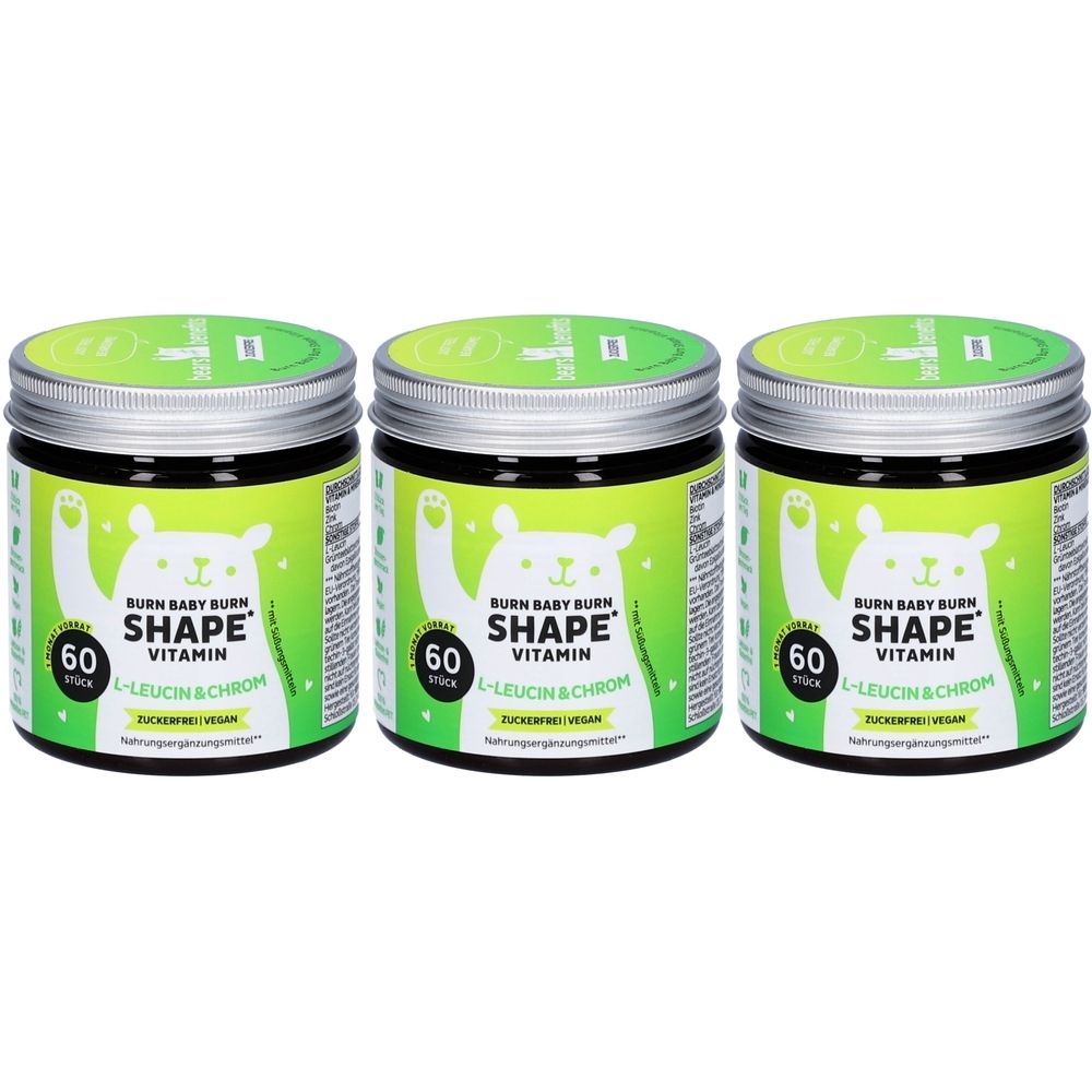 Trois boîtes avec étiquette verte et blanche. Inscription : BURN BABY BURN SHAPE VITAMIN. Contient L-Leucine & Chrome. Couvercles argentés.