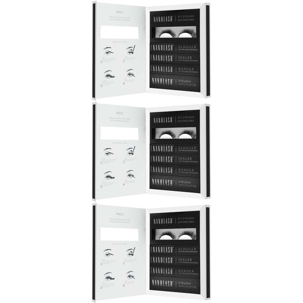 Etui mit Wimpernverlängerungsset. Enthält Wimpern, Kleber, Entferner, Versiegler und Applikator. Marke: NANOLASH. Schwarze und weiße Verpackung.