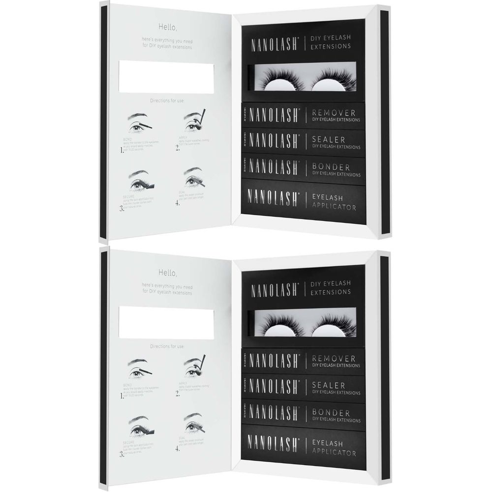 Zwei Nanolash DIY Eyelash Extensions Starter Kits. Geöffnete Verpackung mit Wimpern, Remover, Sealer, Bonder und Applikator.