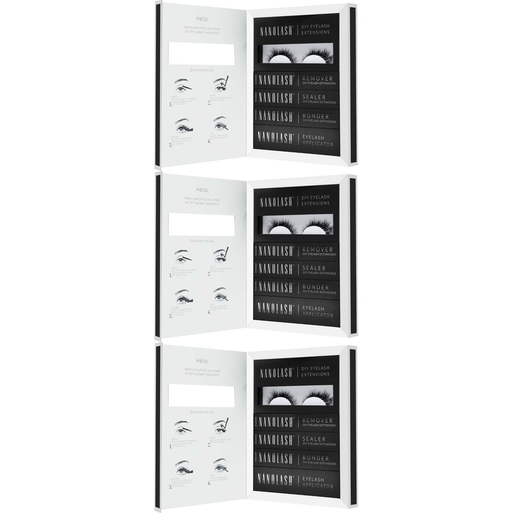 Drei Nanolash DIY Starter Kits. Jedes Kit enthält Wimpern, Remover, Sealer, Bonder und Eyelash Extensions. Schwarze Verpackung.