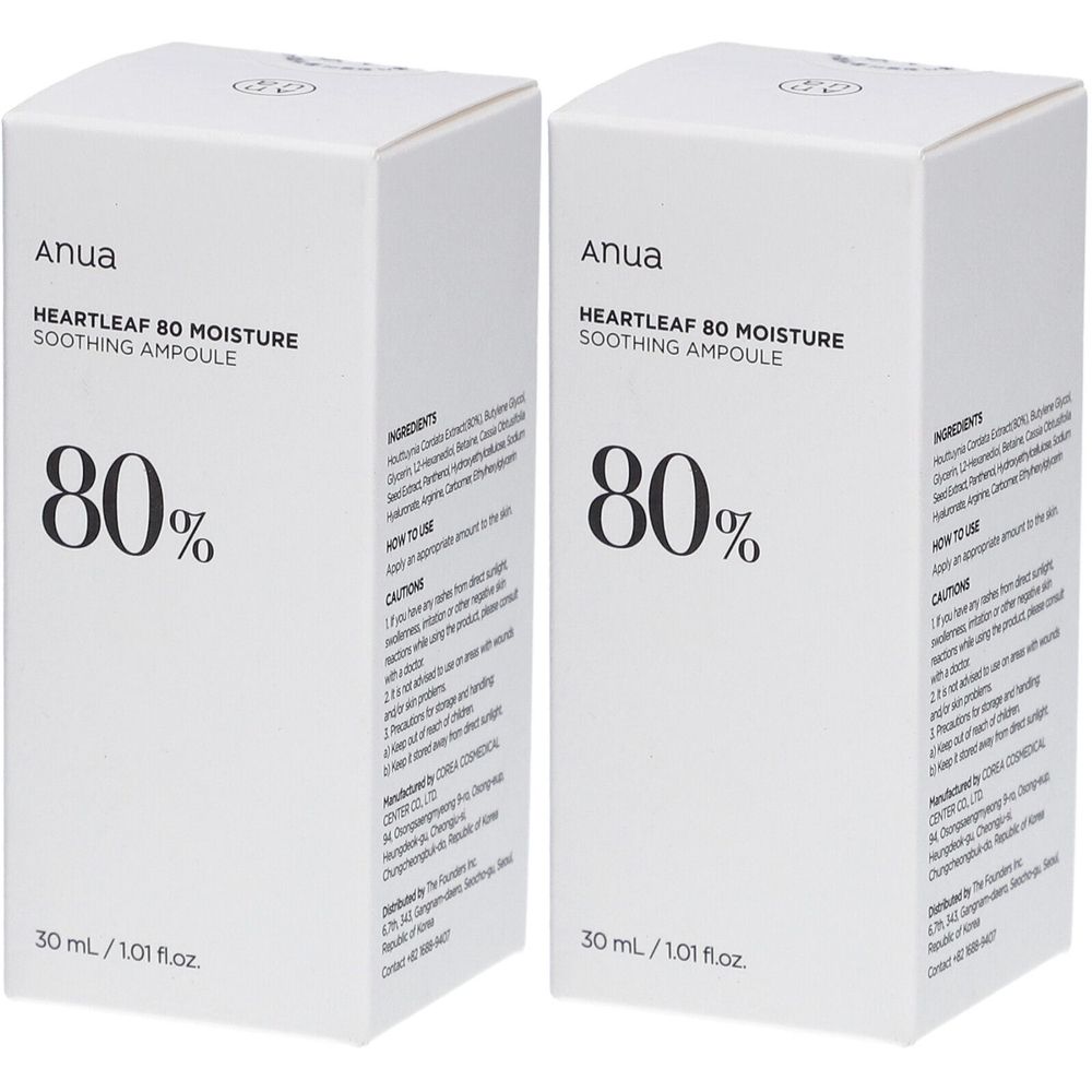 Zwei weiße Kartons. Aufschrift: Anua, HEARTLEAF 80 MOISTURE SOOTHING AMPOULE, 80%, 30 ml/1.01 fl.oz. Text auf der Seite.