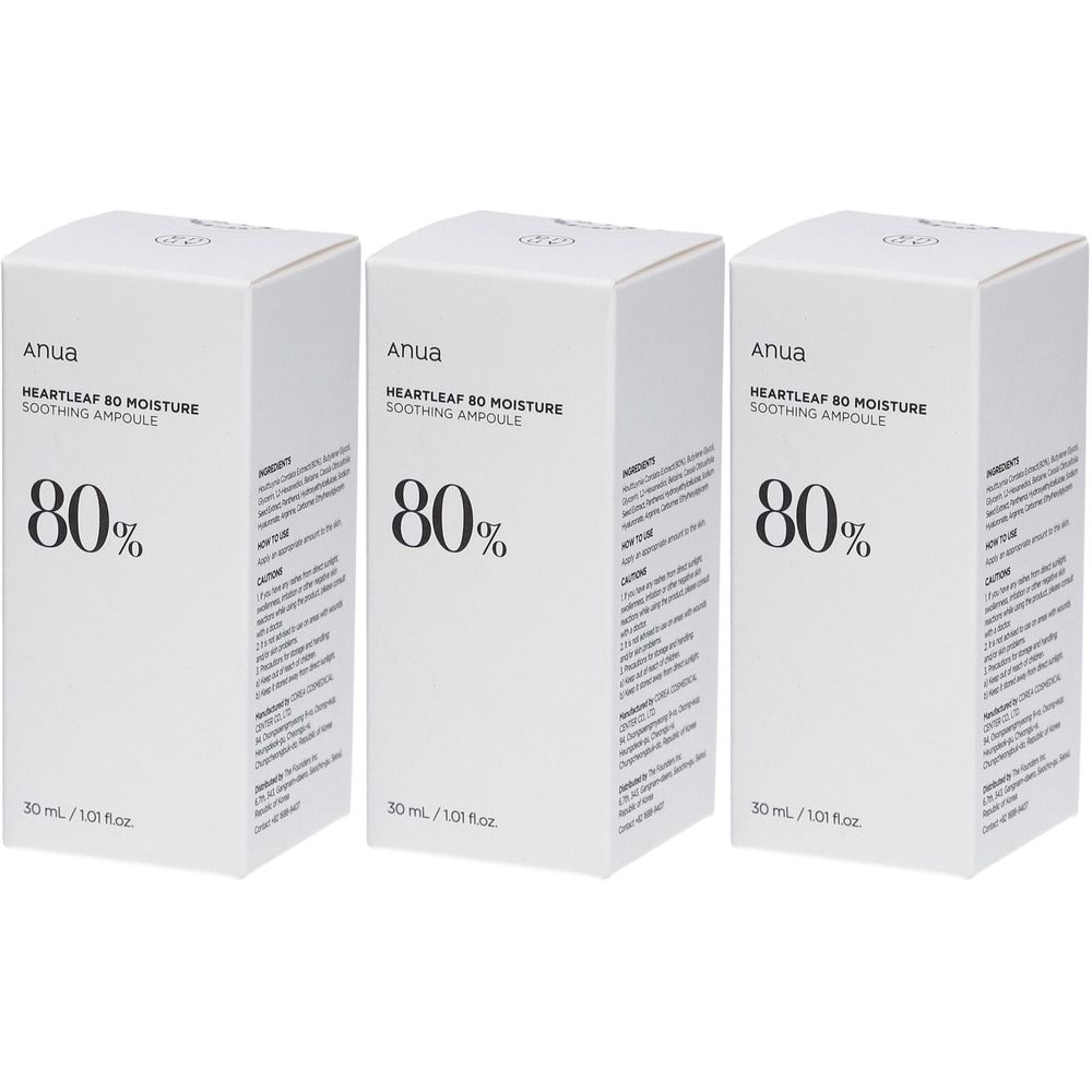 Drei weiße Kartons. Auf jedem steht "Anua", "HEARTLEAF 80 MOISTURE SOOTHING AMPOULE" und "80%". Unten steht "30 ml / 1.01 fl.oz.".