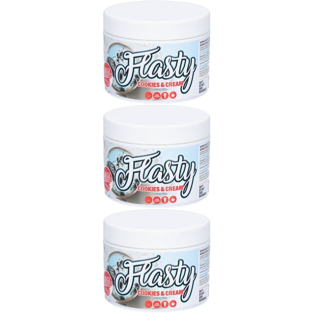 Trois pots blancs avec couvercles. L'étiquette indique "Flasty Cookies & Cream".