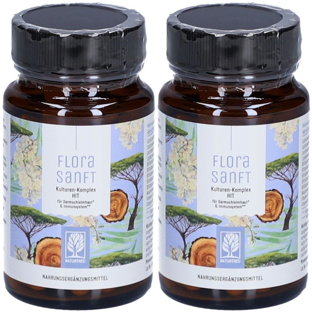 Zwei braune Flaschen mit schwarzem Deckel. Auf den Etiketten steht "FLORA SANFT" und "NATURTREU".