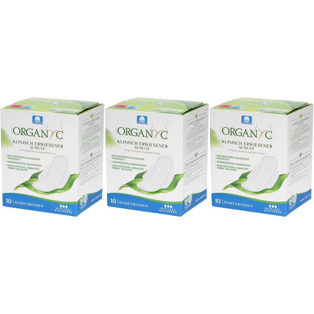Trois boîtes de serviettes hygiéniques Organyc. Chaque boîte affiche une image du produit et du texte. Chaque boîte indique "10 serviettes".