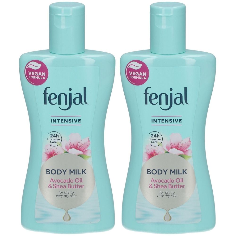 Zwei Flaschen Körperlotion. Hellblaue Flaschen mit hellblauem Deckel. Aufschrift: fenjal, BODY MILK, Avocado Oil & Shea Butter. Vegan.