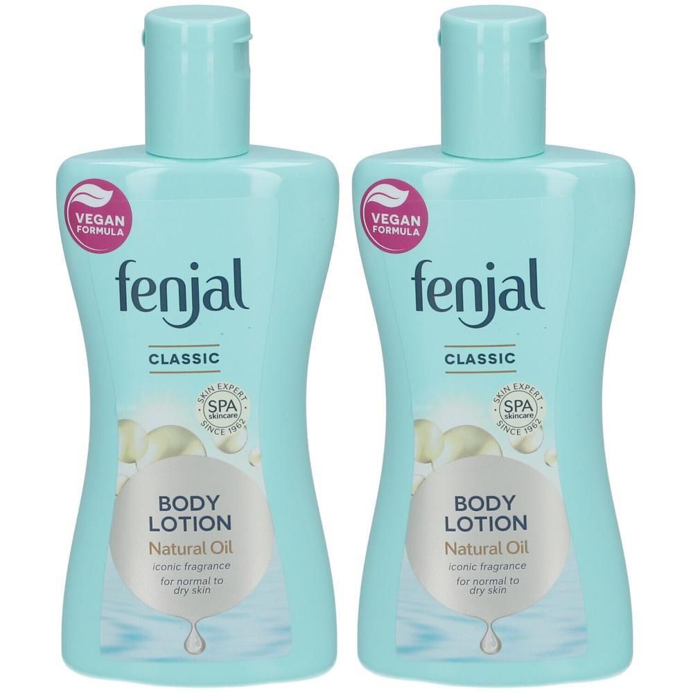 Deux flacons bleu clair avec bouchon rabattable. Inscription : fenjal, Classic, Body Lotion, Natural Oil. Label végan.