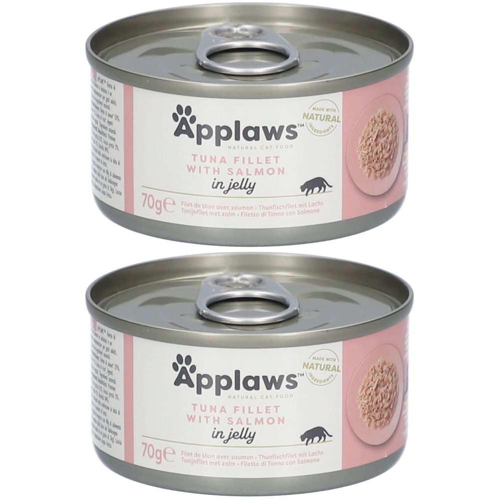 Zwei Dosen Katzenfutter. Aufschrift Applaws, Thunfisch mit Lachs in Gelee. 70g. Rosa Etikett mit Produktabbildung.