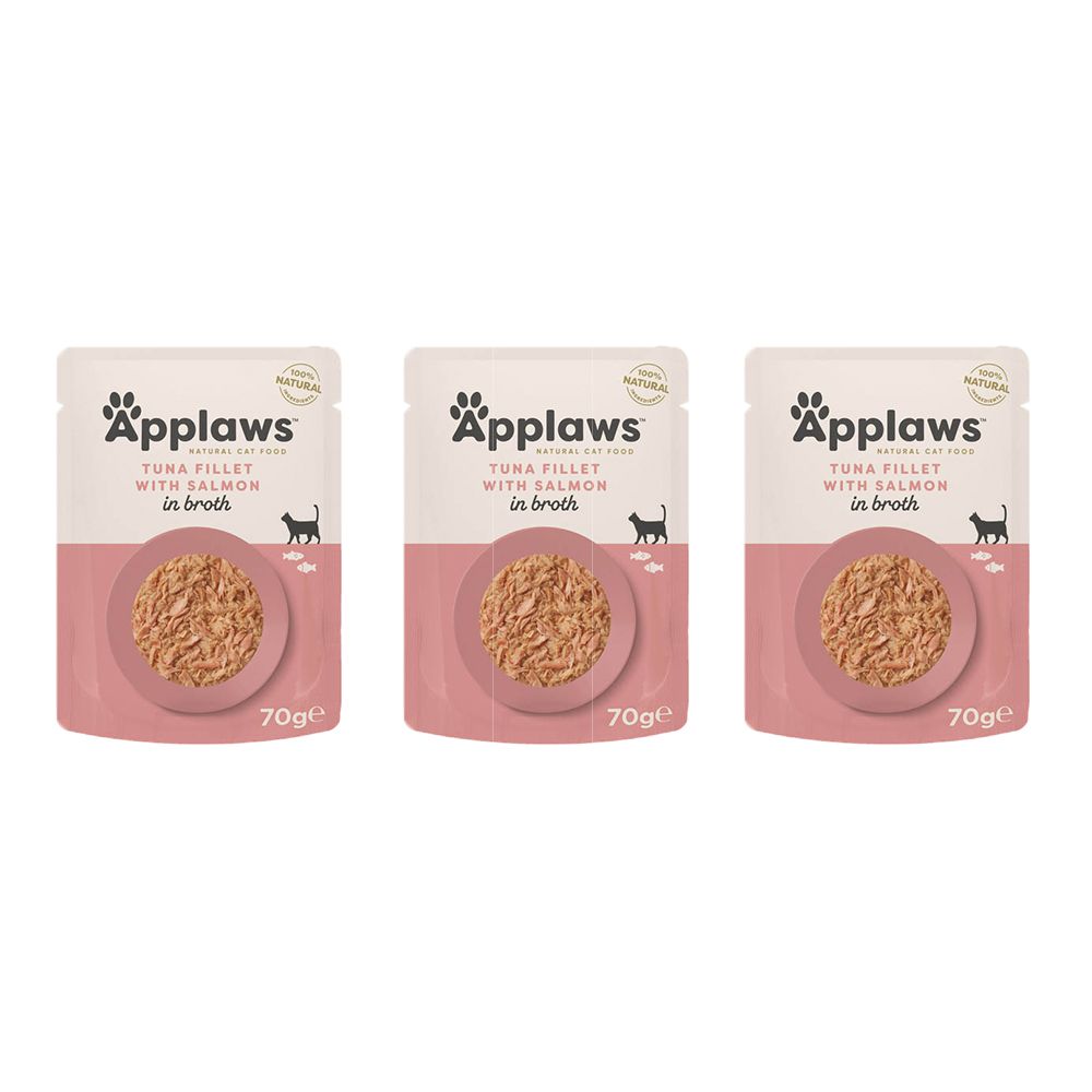 Drei Beutel Applaws Thunfisch- und Lachsfilet für Katzen, 70g pro Beutel.
