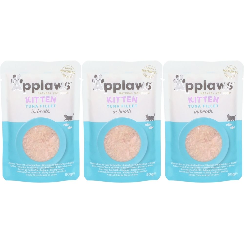 Drei Beutel Applaws Kitten Thunfischfilet. Jeder Beutel zeigt ein rundes Fenster mit Thunfisch in Brühe. Text: Kitten, Tuna Filet.