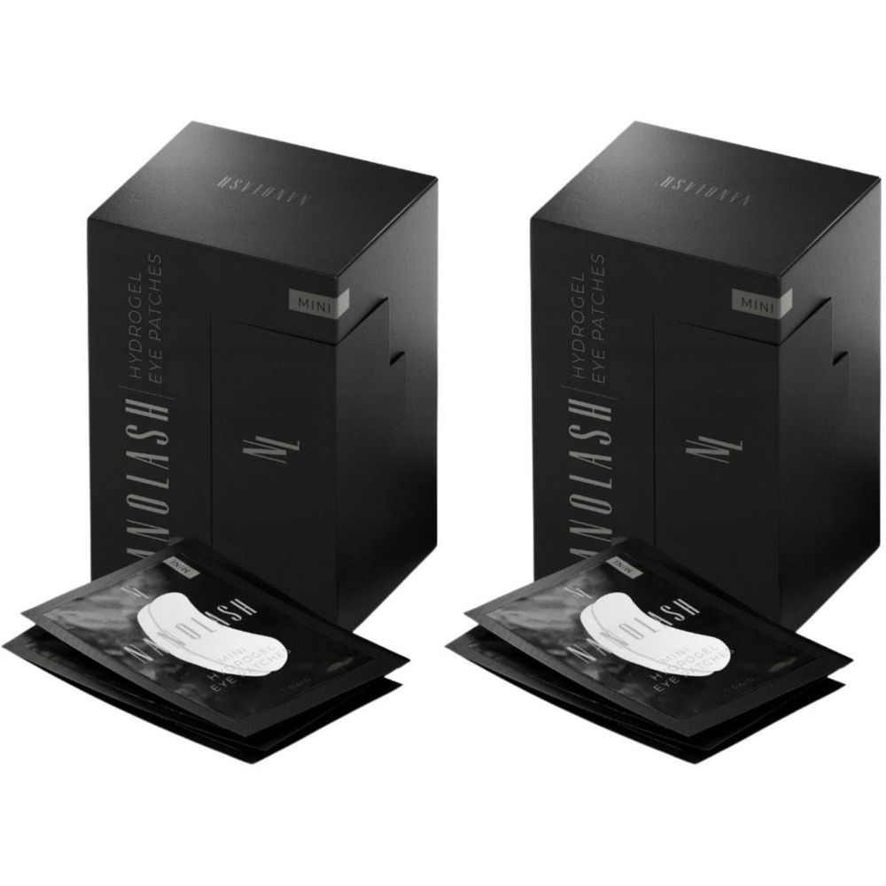 Zwei schwarze Produktverpackungen mit der Aufschrift NANOLASH Hydrogel Eye Patches. Darunter liegen Packungen mit Augenpflastern.